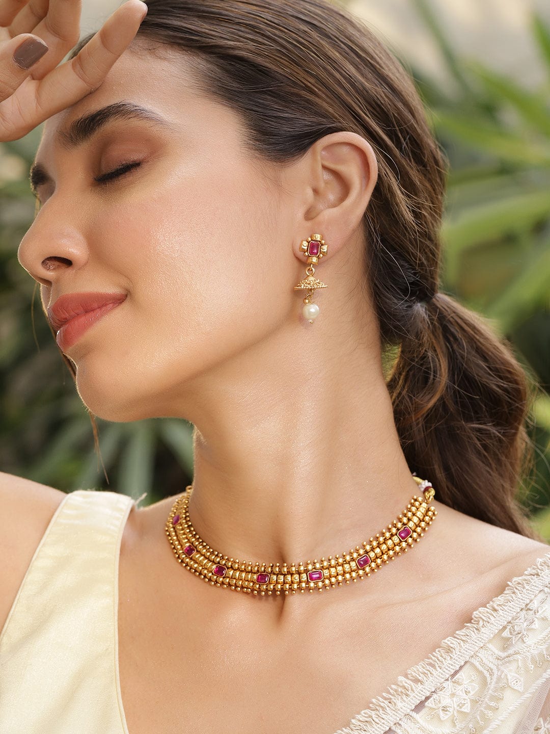 22KT Gold Plated Brass Red Stone Studded Pearls Hanging Layered Necklace Set - Gold