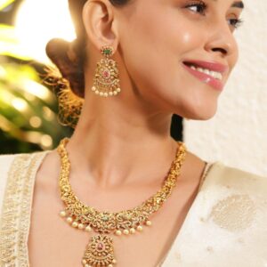 22KT Gold-Plated Cubic Zirconia Stone Studded & Pearls Beaded Jewellery Set - Gold