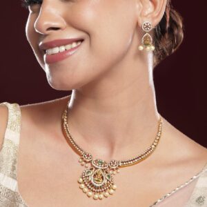 22KT Gold-Plated Cubic Zirconia Studded & Beaded Lakshmi Goddess Jewellery Set - Gold