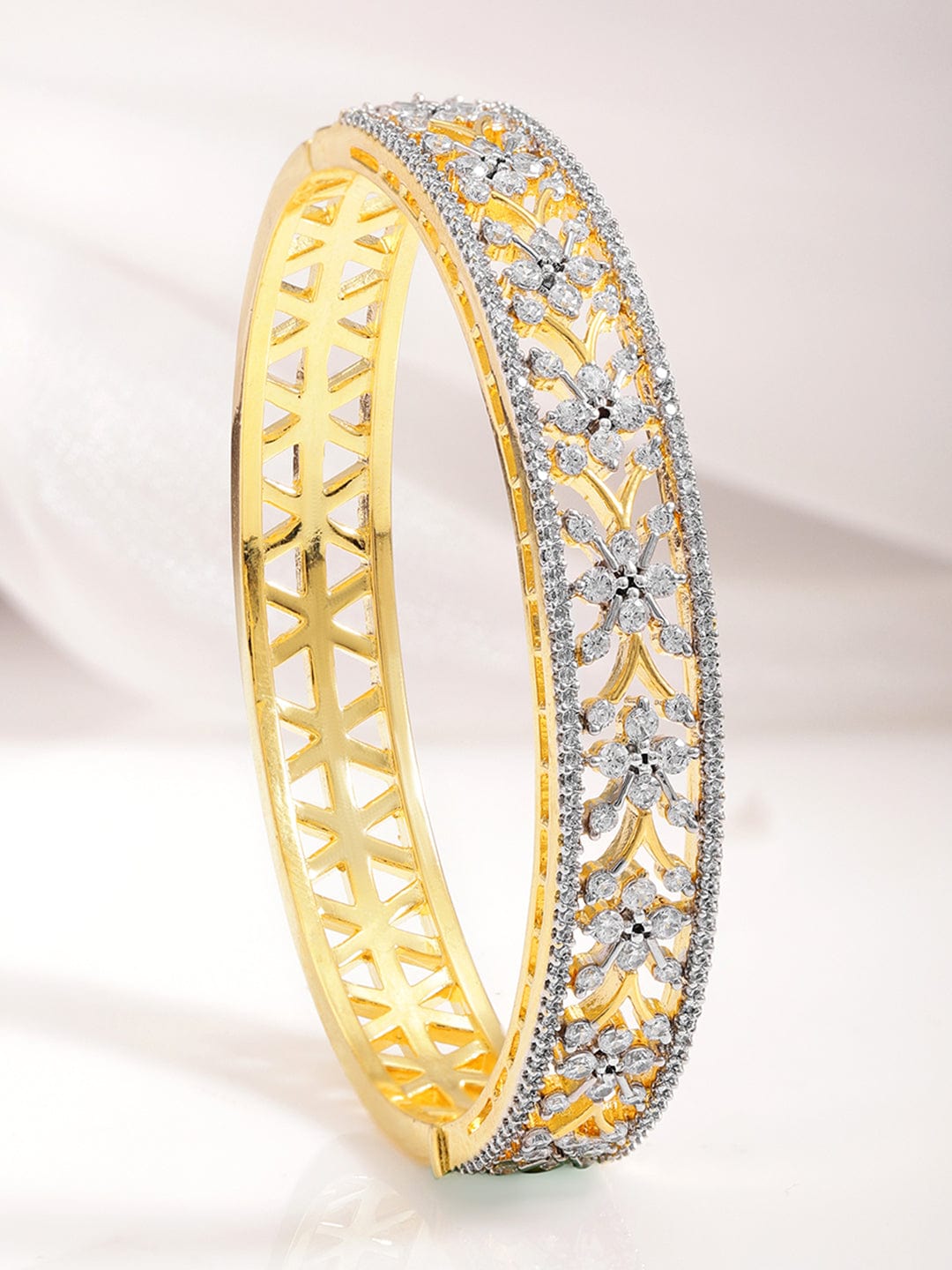 22KT Gold-Plated Cubic Zirconia Studded Floral Bangle-Style Bracelet - Gold