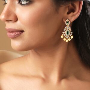 22KT Gold-Plated Emerald Green & Cubic Zirconia Studded Chandelie with Pearl Drops - Pastel Pink