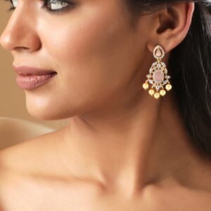 22KT Gold-Plated Pastel Pink & Cubic Zirconia Studded Chandelier with Pearl Drops - Gold