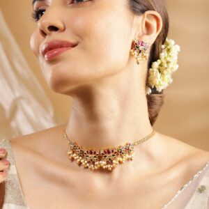 22KT Gold-Plated Ruby & Emerald-Studded Pearl-Beaded Choker Set - Gold