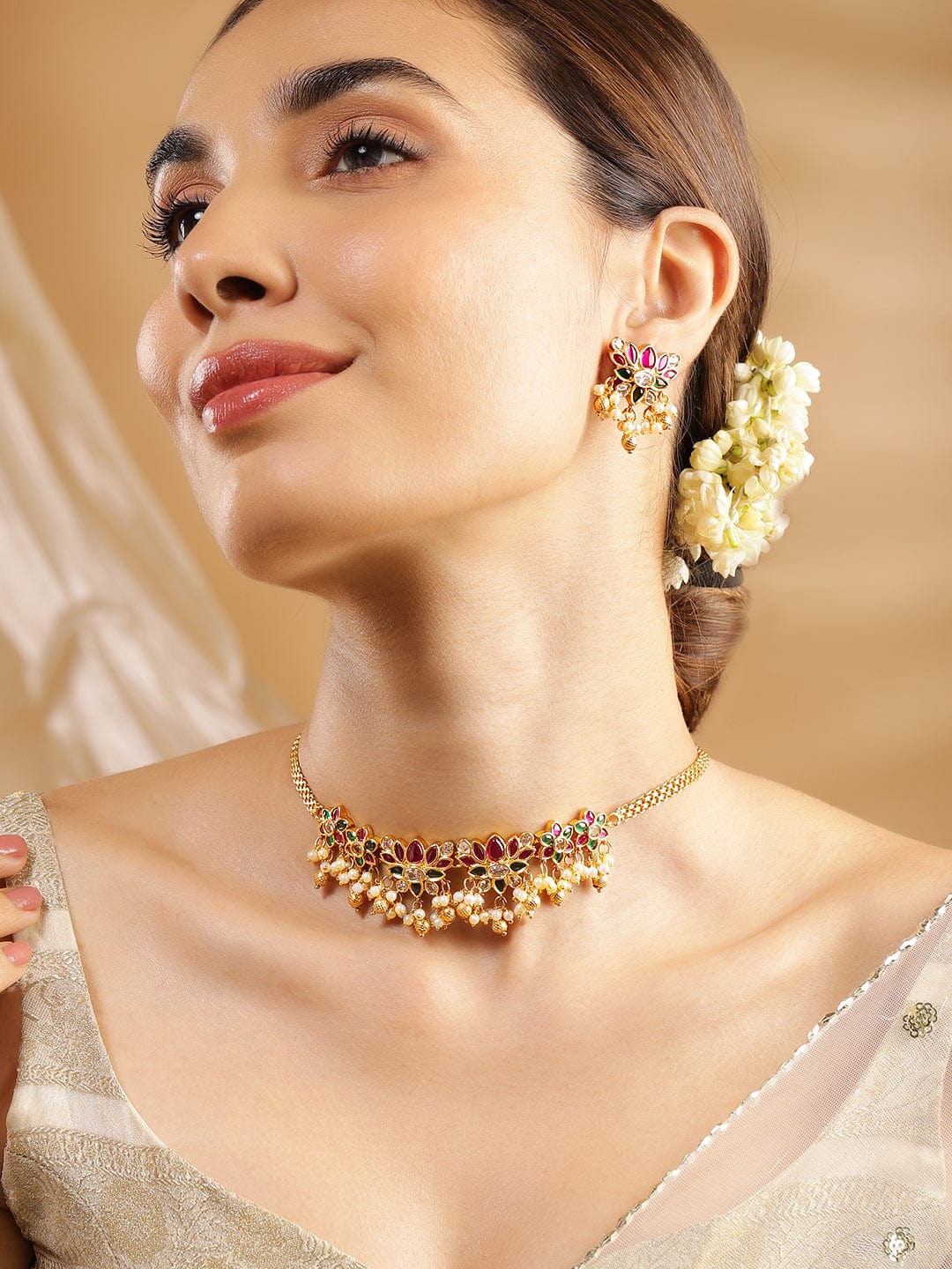 22KT Gold-Plated Ruby & Emerald-Studded Pearl-Beaded Choker Set - Gold