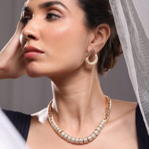 24K Gold Plated AAA Cubic Zirconia Studded Statement Necklace Set with Midnight Blue Detail