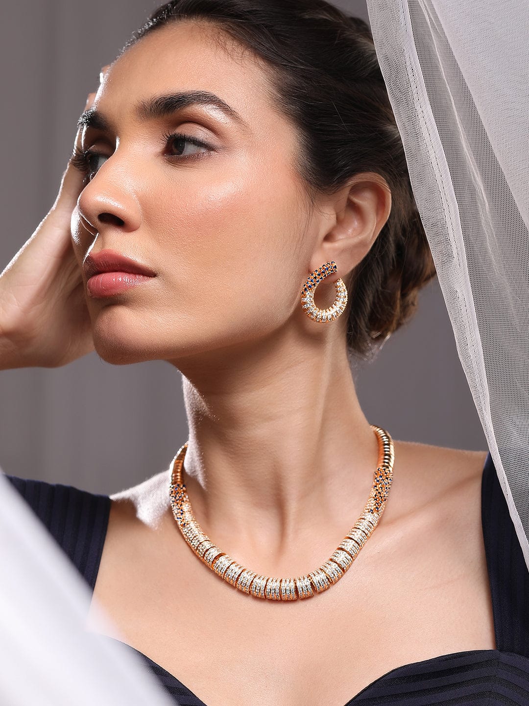 24K Gold Plated AAA Cubic Zirconia Studded Statement Necklace Set with Midnight Blue Detail