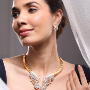24K Gold-Plated AAA Cubic Zirconia Studded Geometric Statement Choker Necklace Set - Gold