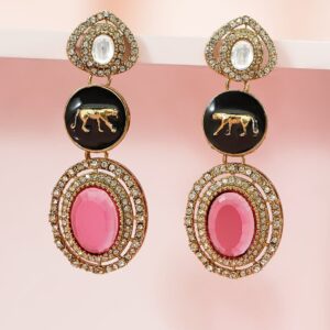24K Gold-Plated Drop Earrings with Black Enamel, Pink Gemstone & Zirconia Detailing