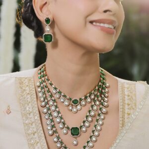 24K Gold-Plated Emerald Green & AAA Cubic Zirconia Multi-Layer Bridal Necklace Set