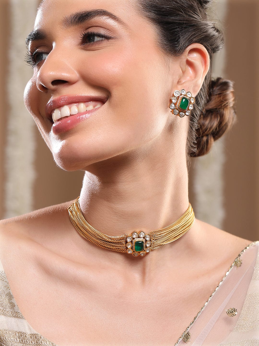 24K Gold-Plated Emerald Green & Kundan Studded Choker Set with Floral Stud Earrings - Green