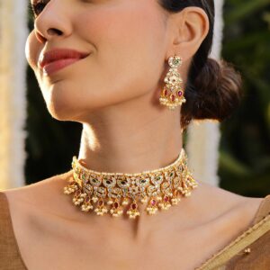 24K Gold-Plated Emerald & Ruby Studded Pearl Beaded Handcrafted Choker Necklace Set - Gold