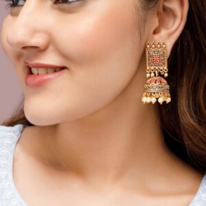 24K Gold Plated Enamel Handpainted & White Beaded Filigree Jhumka Earrings - Gold