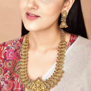 24K Gold Plated Filigree Lakshmi Temple Necklace Set - Gold