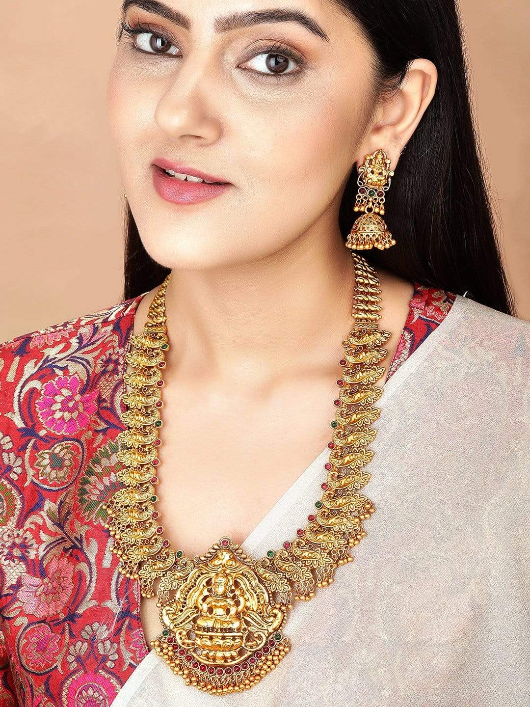 24K Gold Plated Filigree Lakshmi Temple Necklace Set - Gold