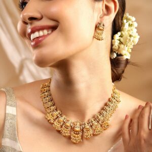 24K Gold Plated Goddess Lakshmi Motif Handcrafted Traditional Temple Jewellery Set - Gold