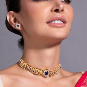 24K Gold Plated Handcrafted Blue Sapphire & White Cubic Zirconia Studded Choker Set