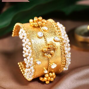 24K Gold Plated Handcrafted Handcuff With Kundan, Pearls & Golden Beads - Gold