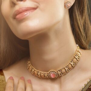 24K Gold Plated Handcrafted Pastel Pink & White Cubic Zirconia Studded Choker Set - Pink