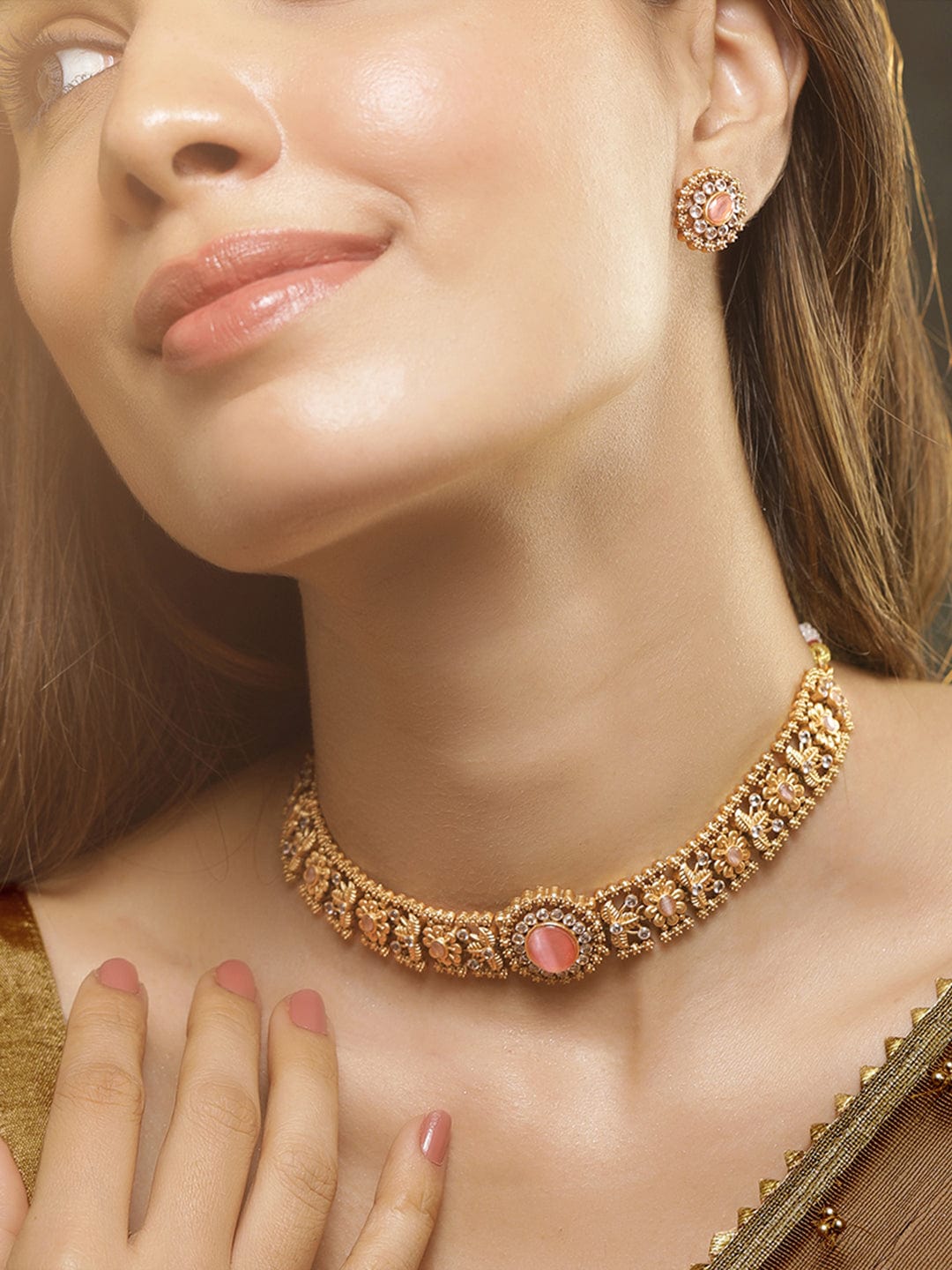 24K Gold Plated Handcrafted Pastel Pink & White Cubic Zirconia Studded Choker Set - Pink