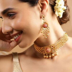 24K Gold Plated Handcrafted Ruby Stone Studded & Gold Beaded Traditional Choker Set - Gold