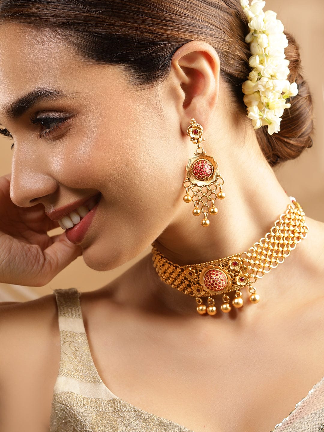 24K Gold Plated Handcrafted Ruby Stone Studded & Gold Beaded Traditional Choker Set - Gold