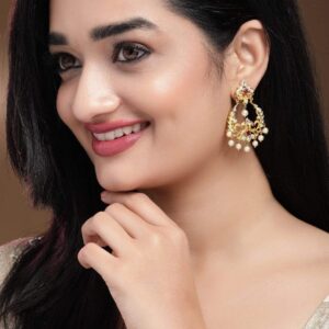 24K Gold Plated Handcrafted Ruby Stone with White Pearls Drop Earrings - Gold