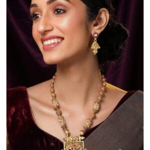 24K Gold Plated Handcrafted White Kundan & Antique Gold Filigree Beads Necklace Set - Maroon