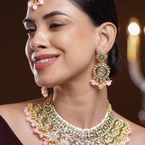24K Gold-Plated Handcrafted White Kundan Necklace Set with Green Enamel Detailing & Pastel Pink Pearl Beads