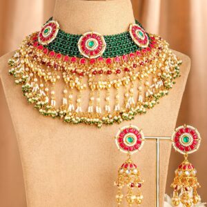 24K Gold-Plated Kundan & Beaded Handcrafted Ruby, Emerald & Pearl Necklace Set - Multycolor