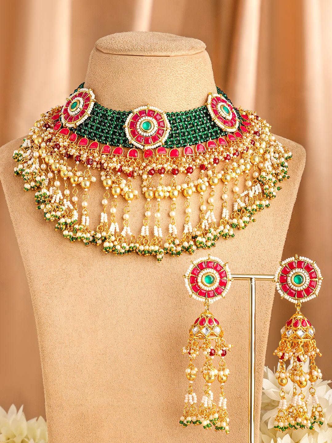 24K Gold-Plated Kundan & Beaded Handcrafted Ruby, Emerald & Pearl Necklace Set - Multycolor