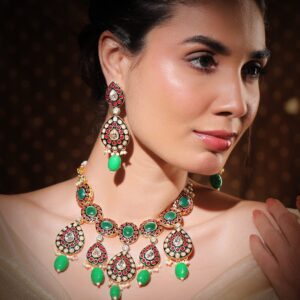 24K Gold-Plated Kundan & Green Beaded Choker Necklace Set with Red Stone Detailing