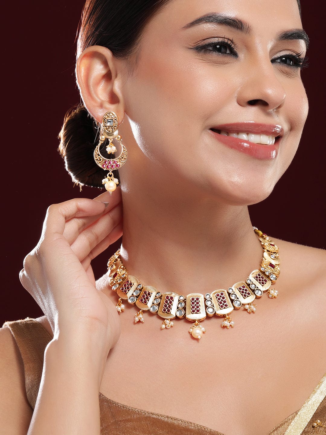 24K Gold-Plated Ruby, Kundan Studded & Pearl Drops Rectangle Motif Necklace Set - Gold
