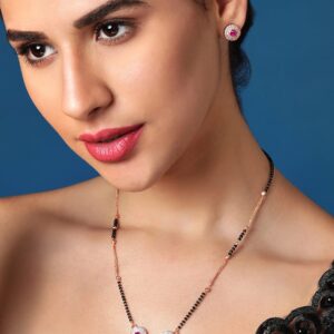 24K Gold Plated Mangalsutra Set With Studded Ad And Earrings - Rose Gold::Black