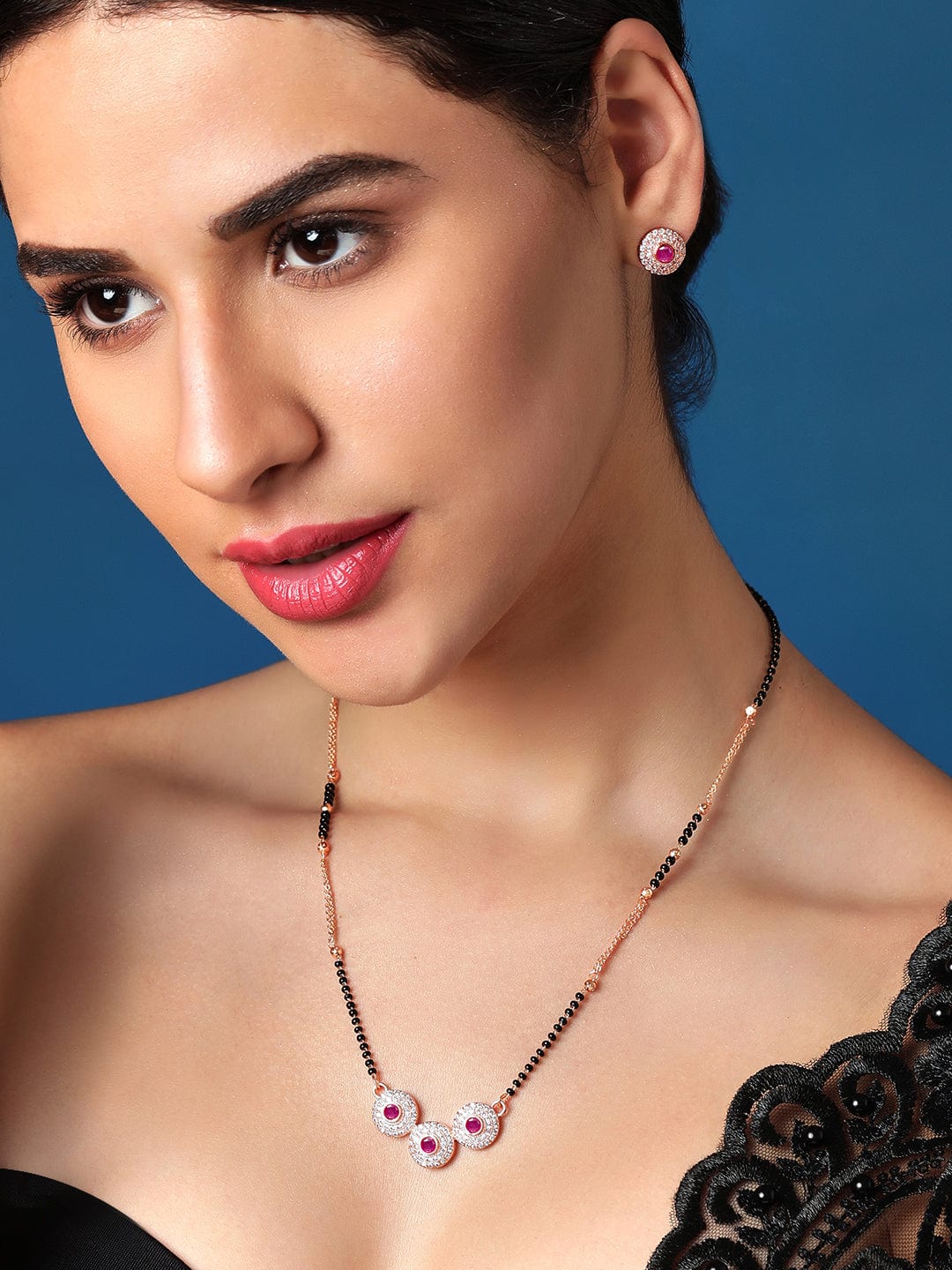 24K Gold Plated Mangalsutra Set With Studded Ad And Earrings - Rose Gold::Black