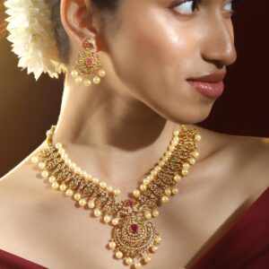 24K Gold-Plated Medium-Length Temple Jewellery Set with Ruby Pink, Emerald Green, White Cubic Zirconia & Pearl Beads for Women