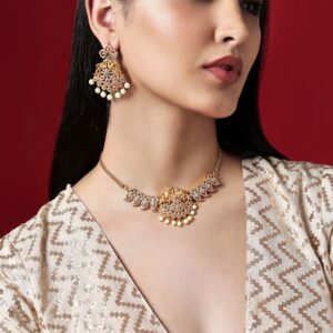 24K Gold-Plated Peacock Design AD-Studded Pearl Jewellery Set - Gold