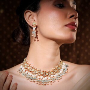 24K Gold-Plated Pachi Kundan Studded Choker Jewellery Set with White & Aqua Beads