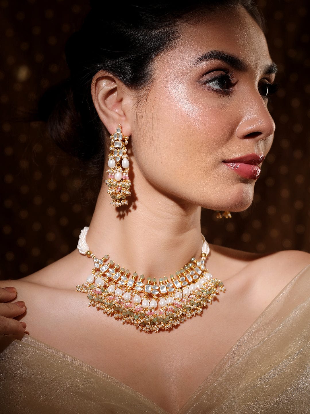 24K Gold-Plated Pachi Kundan Studded Choker Set with Pastel Pink & Green Beads & Pearl Drops