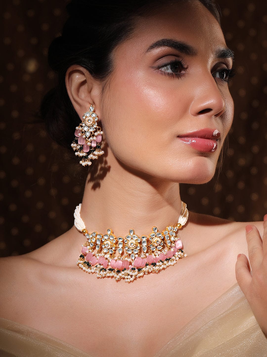 24K Gold-Plated Pachi Kundan Studded Choker Set with Pink Beads & Pearl Accents