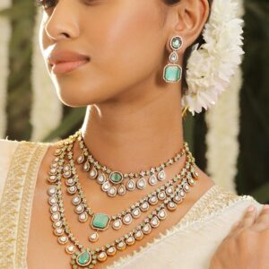 24K Gold-Plated Pastel Green & AAA Cubic Zirconia Multi-Layer Bridal Necklace Set - Pastel Green