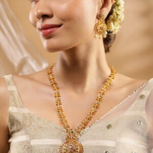 24K Gold Plated Ruby, Emerald & Cubic Zirconia Studded Temple Necklace Set with Pearl Beaded - Gold