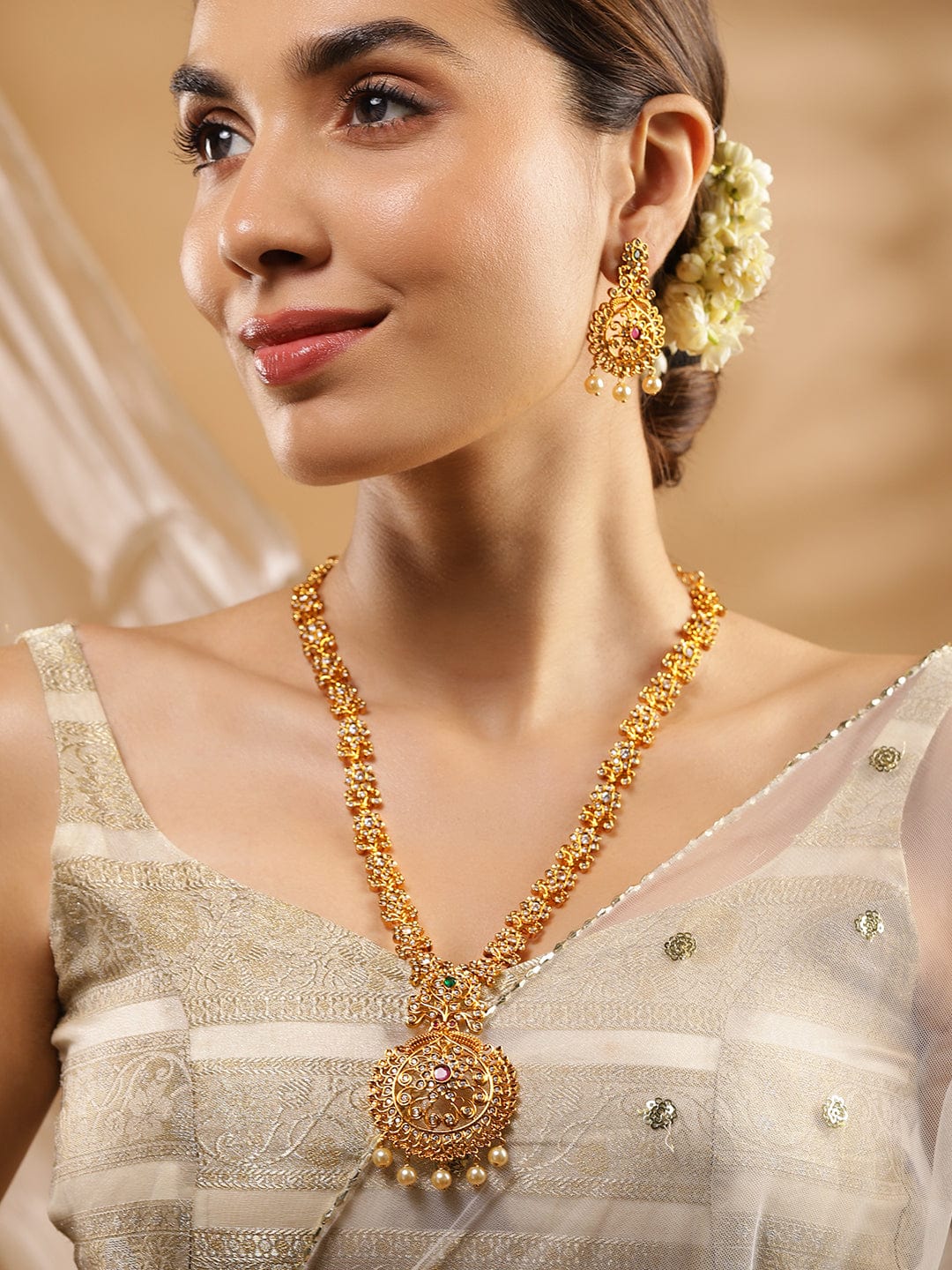 24K Gold Plated Ruby, Emerald & Cubic Zirconia Studded Temple Necklace Set with Pearl Beaded - Gold
