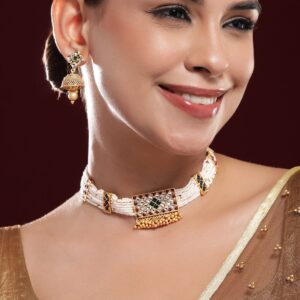 24K Gold-Plated Ruby & Emerald Kundan-Studded & Pearl Beaded Jewellery Set - Gold