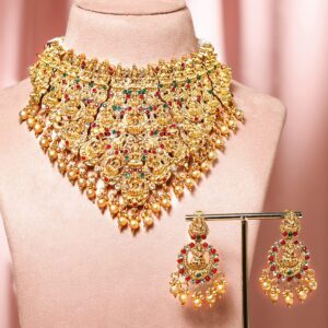 24K Gold-Plated Ruby & Emerald Studded Traditional Bridal Temple Necklace with Lakshmi Motif - Gold