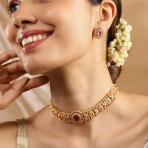 24K Gold Plated Ruby, Emerald & White Cubic Zirconia Stone Studded Handcrafted Floral Choker Jewelry Set - Mint Green