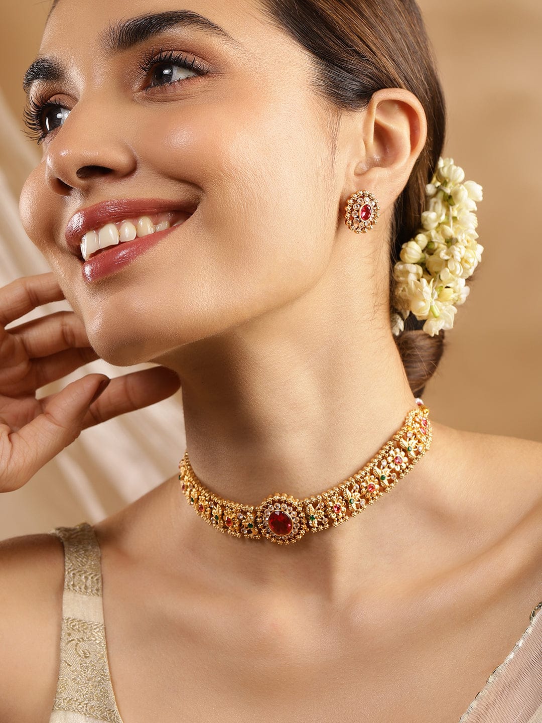 24K Gold Plated Ruby, Emerald & White Cubic Zirconia Stone Studded Handcrafted Floral Choker Jewelry Set - Ruby Pink