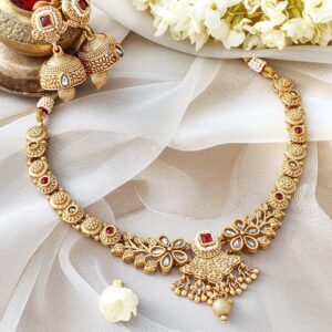 24K Gold-Plated Ruby & Kundan Studded Floral Design Necklace Set with Jhumkas - Gold
