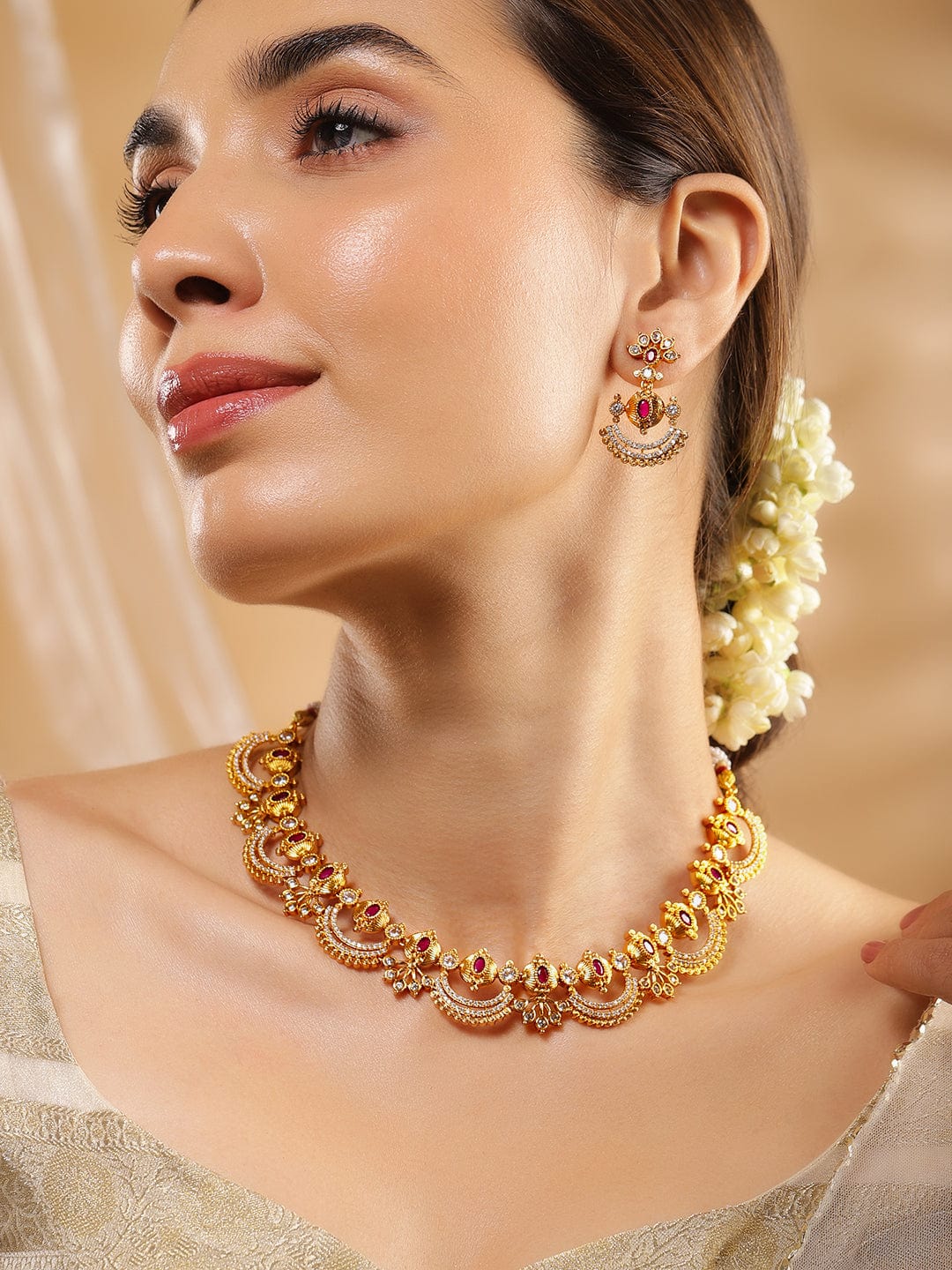24K Gold-Plated Ruby Pink & Cubic Zirconia Studded Temple Necklace Set with Chandbali Earrings - Gold