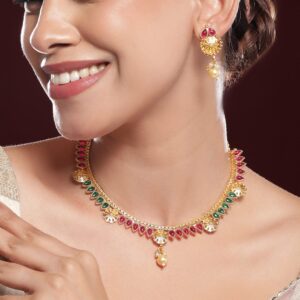 24K Gold-Plated Ruby Red & Emerald Green Kundan Studded Necklace Set with Pearl Drops