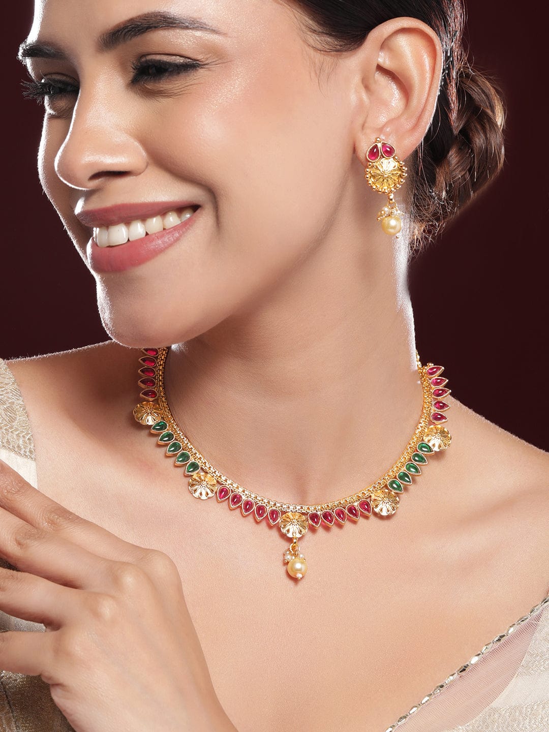 24K Gold-Plated Ruby Red & Emerald Green Kundan Studded Necklace Set with Pearl Drops